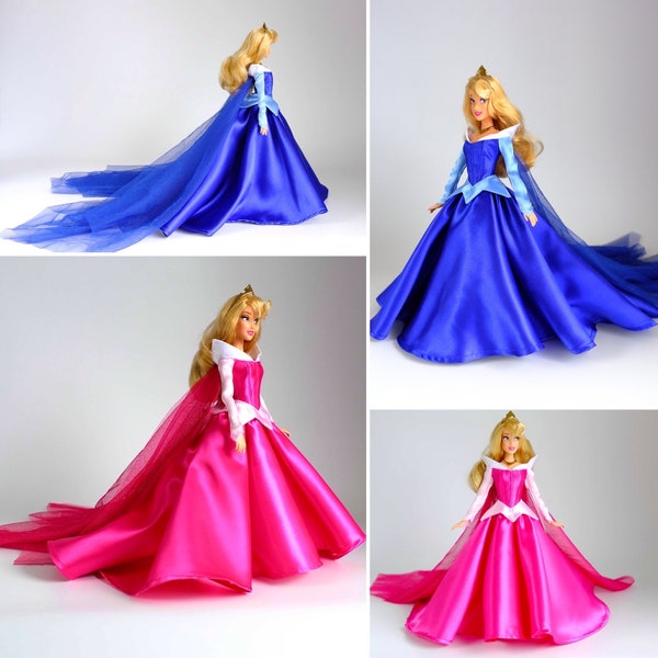 La robe inspirée de la Belle au bois dormant rose ou bleu convient aux poupées de 11,5 pouces ou 17 pouces comme les poupées classiques Disney Princess ou les poupées chantantes classiques.