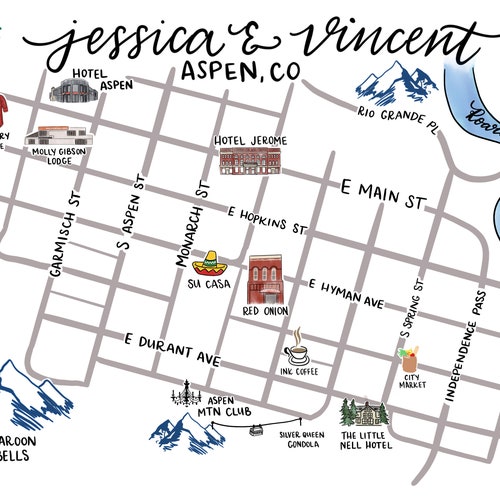 Map Of Downtown Aspen Custom Digital Wedding Map Aspen Co Personalized Aspen Etsy
