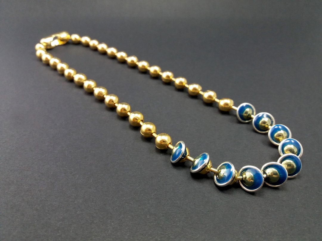Big Ball Chain Necklace, Blue Enamel Necklace, Mixed Metal Necklace ...