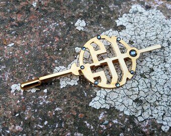 Gold Artlang Broche, blauwe swarovski kristallen broche, steampunk broche, geometrische broche, urban statement broche, cadeau onder de 50