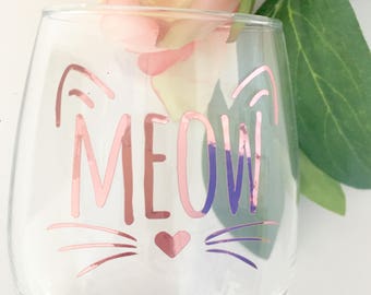 Meow Wine Glass-Rose Gold Foil- Cat Love Wine Glass- Gift For Car Lover-Cat Wine Glass-Kitty Glass-Crazy Cat Lady Wine Glass- Cute Cat Glass
