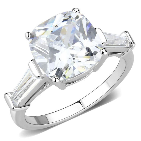 Cushion Cut Solitaire Diamond Ring, Baguette Cut Diamond Ring, Cushion Engagement Ring, Silver Diamond Solitaire Ring, Solitaire Engagement