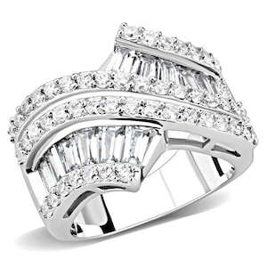 Multi-row Diamond Statement Silver Ring, Baguette & Round Cut Ring, Diamond Cocktail Ring, Thick, Wide, Large Diamond Ring