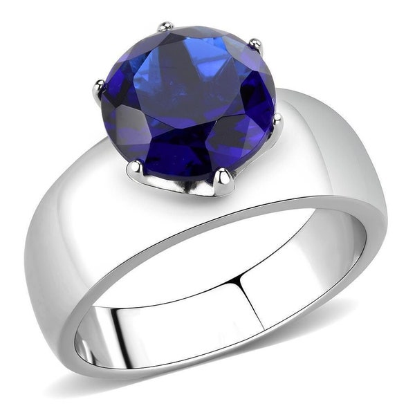Round Cut Sapphire Ring, Blue Sapphire Solitaire Ring, Wide Sapphire Ring, Wide Band Ring, Blue Cocktail Ring, Thick Sapphire Ring