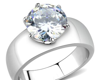 Round Cut Solitaire Diamond Ring, Solitaire Ring, Wide Silver Band, Thick Band Ring, Diamond Cocktail Ring, Large Round Diamond Ring