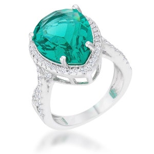 Blue Green Pear Diamond Ring, Teardrop Diamond Ring, Emerald Statement Ring, Pear Diamond Ring, Green Diamond Ring, Emerald Silver Ring
