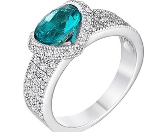 Ovaler Aqua-Diamantring, Aqua-Silber-Statement-Ring, Aquamarin-Cocktail-Ring, Aqua-Statement, einzigartiger Aqua-Ring, Vintage-Stil, Art-Deco-Aqua