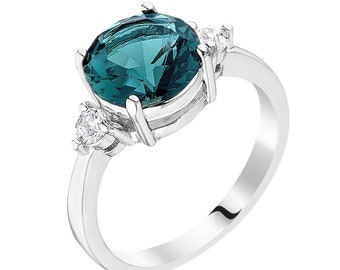 Exquisite Teal Sapphire Three Stone Ring, Three Stone Engagement Ring, Peacock Blue Ring, Teal Diamond Ring, Blue Green Diamond, Peacock