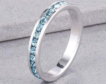 Aqua Swarovski Crystal Band, Aqua Eternity Band, Blue Stackable Band Ring, Blue Diamond Full Eternity Band, Aqua Diamond Band, Silver Band