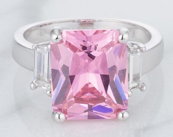 Pink Triplet Radiant Cut Diamond Ring, Pink Engagement Ring, Large Pink Statement Ring, Light Pink Diamond Ring, Pink Sapphire