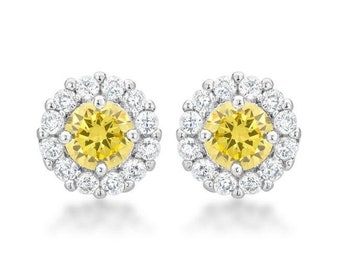 Canary Yellow Diamond Stud Earrings, Yellow Diamond Stud Earrings, Yellow Stud Earrings, Round Diamond Earrings, Yellow Earrings, Halo