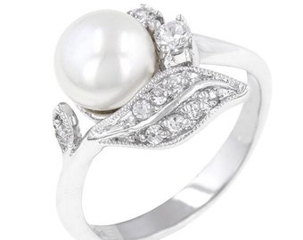 Fleur Pearl Ring, Pearl Flower Ring, Freshwater Pearl & Diamond Ring, Elegant Pearl Ring, Round Pearl Ring, Delicate Pearl Ring, Shell Pearl