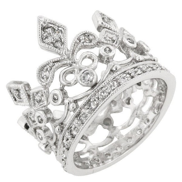 Royal Diamond Crown Ring, Diamond Eternity Ring, Crown Band, Princess Ring, Large Crown Ring, Wide Crown, Tiara Ring, Silver Crown Ring