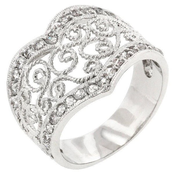 Filagree Diamond Heart Ring, Filagree Open Chevron Ring, Statement Silver Ring, Open Silver Cocktail Ring, Open Diamond Ring, Art Deco Ring