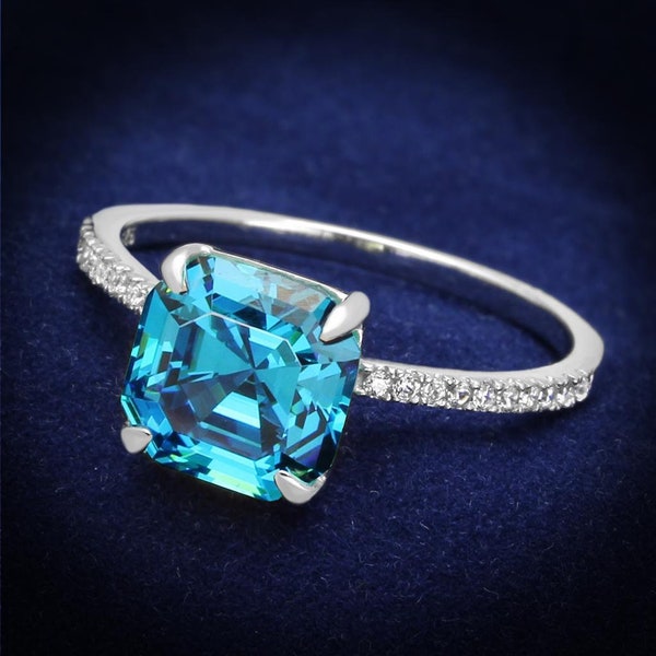 Turquoise Blue Asscher Cut Solitaire Diamond Ring, Asscher Ring, Aqua Diamond Ring, Asscher Cut Blue Topaz, Diamond Ring, Asscher Cut