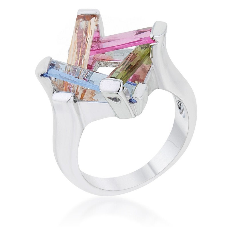 Multicolor CZ Rhodium Cocktail Ring Geometric Ring Abstract Ring Unique Cocktail Ring Rainbow Crystal Ring Colorful Crystal Silver Ring