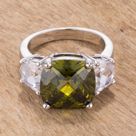 Olive Green Triplet Ring Three Stone Ring Olive Green Ring Green Diamond Ring Army Green Ring Green Cocktail Ring Dark Green Ring