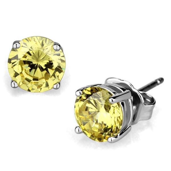 Round Yellow Diamond Stud Earrings, Canary Yellow Diamond Studs, 6.5 Mm Diamond Stud Earrings, Stainless Steel Studs, Solitaire Yellow