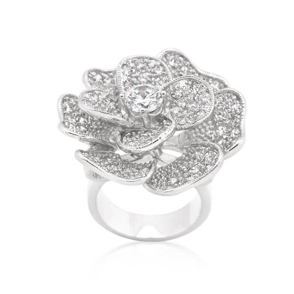 Large Silver Diamond Flower Ring Floral Ring Large Flower - Etsy