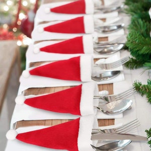 Christmas Santa Hats Silverware Holders | Xmas Party Dinner Table Decorations | 10 pcs