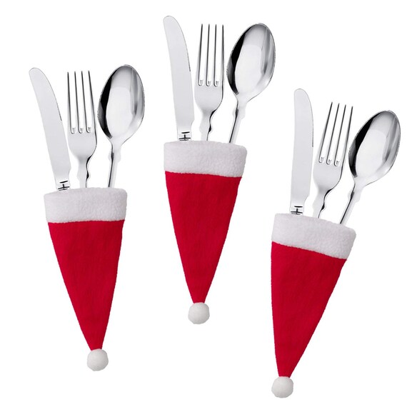 PIXRIY 30 PCS Christmas Santa Hat Silverware Holders Cutlery Holder Cute Tableware Decoration for Xmas Party Kitchen Dinner 