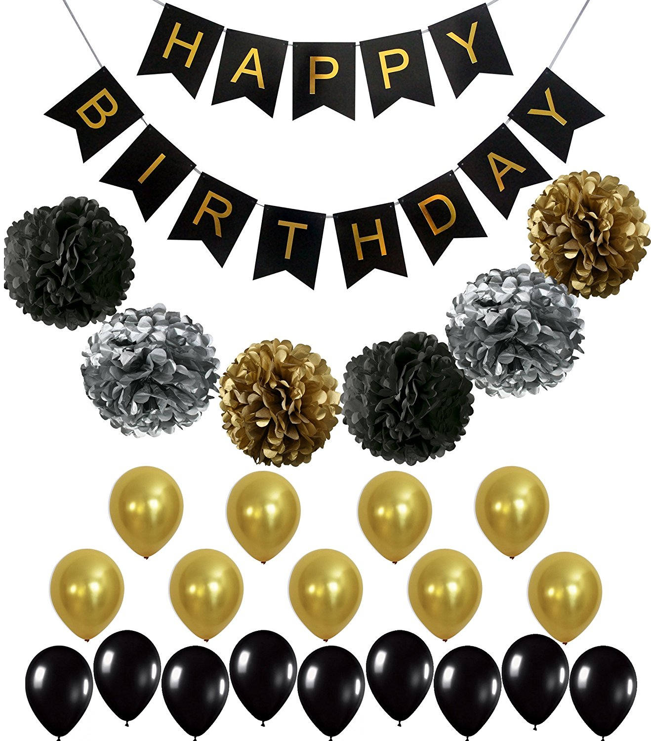 BLACK and GOLD Party Decorations Black,gold Balloons and Paper Pom Poms  30th, 40th, 50th, 60th Birthday -  Norway