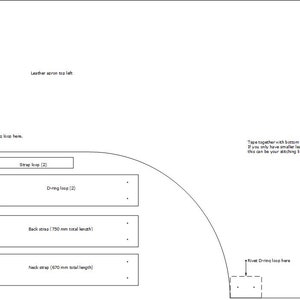 Pode incluir: Um diagrama em preto e branco mostrando as peças do padrão para um arnês de cão de couro. O diagrama inclui instruções para costurar as peças juntas e para prender os anéis em D e um laço de correia. O texto do diagrama inclui medidas em milímetros.