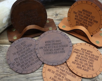 Valheim inspired leather coasters with stand. Four different sets and multiple colors!
