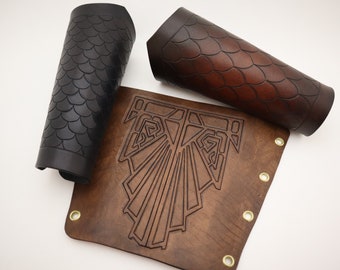 PDF Pattern: Leather bracer/vambracer in two styles, with two scale tooling patterns and three dwarven-inspired tooling patterns