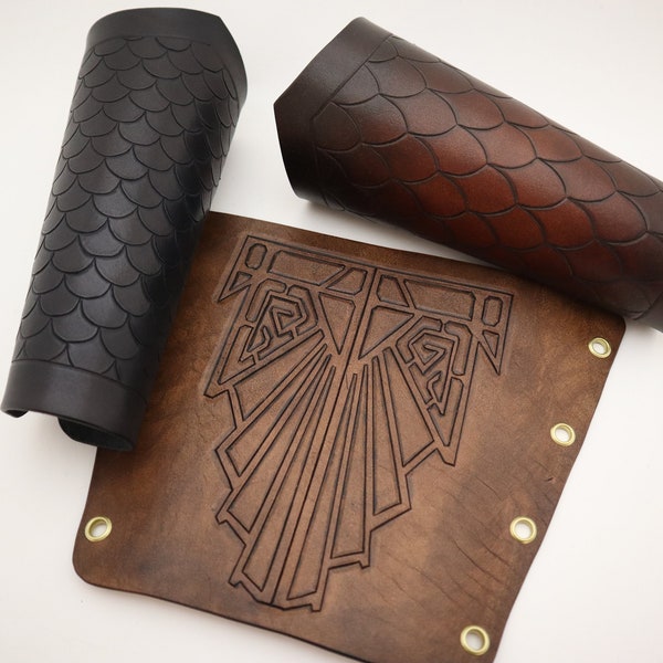 PDF Pattern: Leather bracer/vambracer in two styles, with two scale tooling patterns and three dwarven-inspired tooling patterns