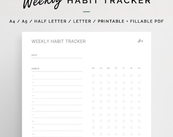 Wöchentlicher Habit Tracker Printable | Digital ausfüllbares PDF | A4, A5, Letter, Half Letter, Hochformat