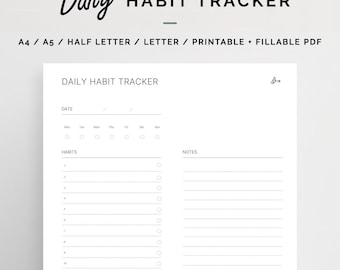 Pode incluir: Um rastreador de hábitos diários imprimível em papel branco. O topo da página tem as palavras "Daily HABIT TRACKER" em uma fonte manuscrita. O rastreador inclui seções para a data, hábitos e notas, com caixas de seleção. Disponível em A4, A5, meia carta e carta.