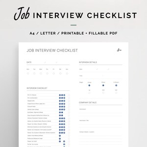 Peut inclure: Une liste de contrôle d'entretien d'embauche imprimable au format PDF. Le document comprend des sections pour les détails de l'entretien, les informations sur l'entreprise et une liste de contrôle des tâches à accomplir avant, pendant et après l'entretien. La liste est sur fond blanc.