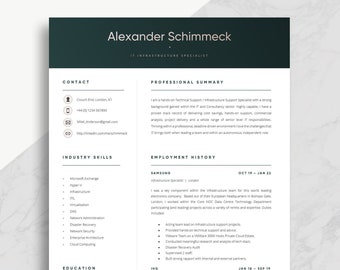 May include: A black and white CV with a dark green header. The header includes the name "Alexander Schimmeck" and the title "IT Infrastructure Specialist". The CV includes contact information, a professional summary, industry skills, employment history, and education.