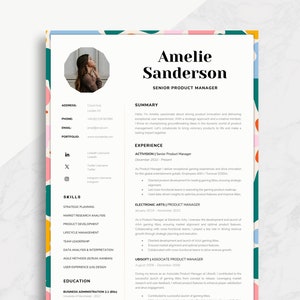 Könnte beinhalten: Ein Lebenslauf für eine Senior Product Managerin namens Amelie Sanderson. Der Lebenslauf enthält eine Zusammenfassung ihrer Fähigkeiten und Erfahrungen sowie ihrer Ausbildung und Zertifizierungen. Der Lebenslauf ist in einem modernen und farbenfrohen Design gestaltet.