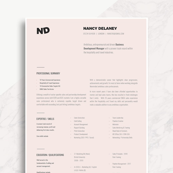 Eyecatching BDM Resume Layout, Creative CV for Sales Professionals, Alternative CV Design for Business Developers, 2-Page Resume Template