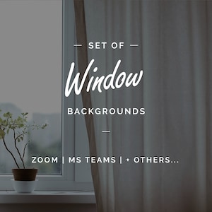 May include: A set of window backgrounds for Zoom, MS Teams, and other video conferencing platforms. The image shows a window with a sheer curtain and a potted plant on the windowsill.