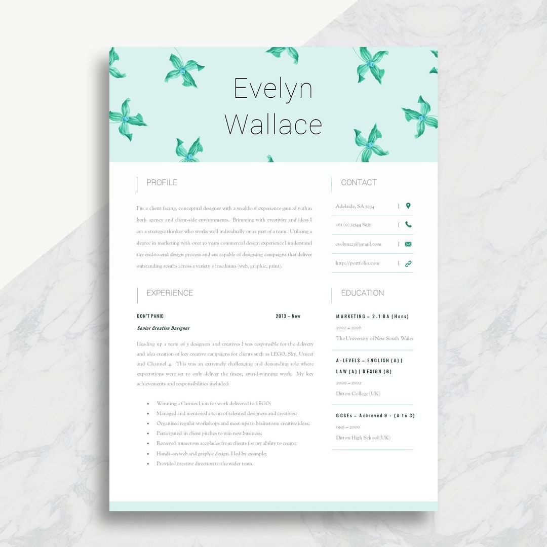 Modern Resume Template With Light Green Floral Header, Beautiful CV ...