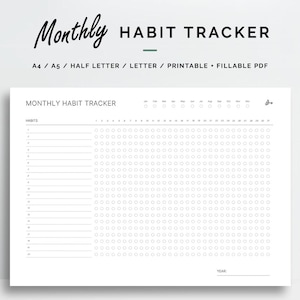 May include: A white printable habit tracker with the title "Monthly Habit Tracker" in a handwritten font. The tracker includes spaces for habits and a grid for tracking daily progress. The document is available in A4, A5, half letter, and letter sizes.