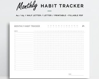 Monatlicher Habit Tracker Printable | Digital ausfüllbares PDF | A4, A5, Letter, Half Letter | Landschaft