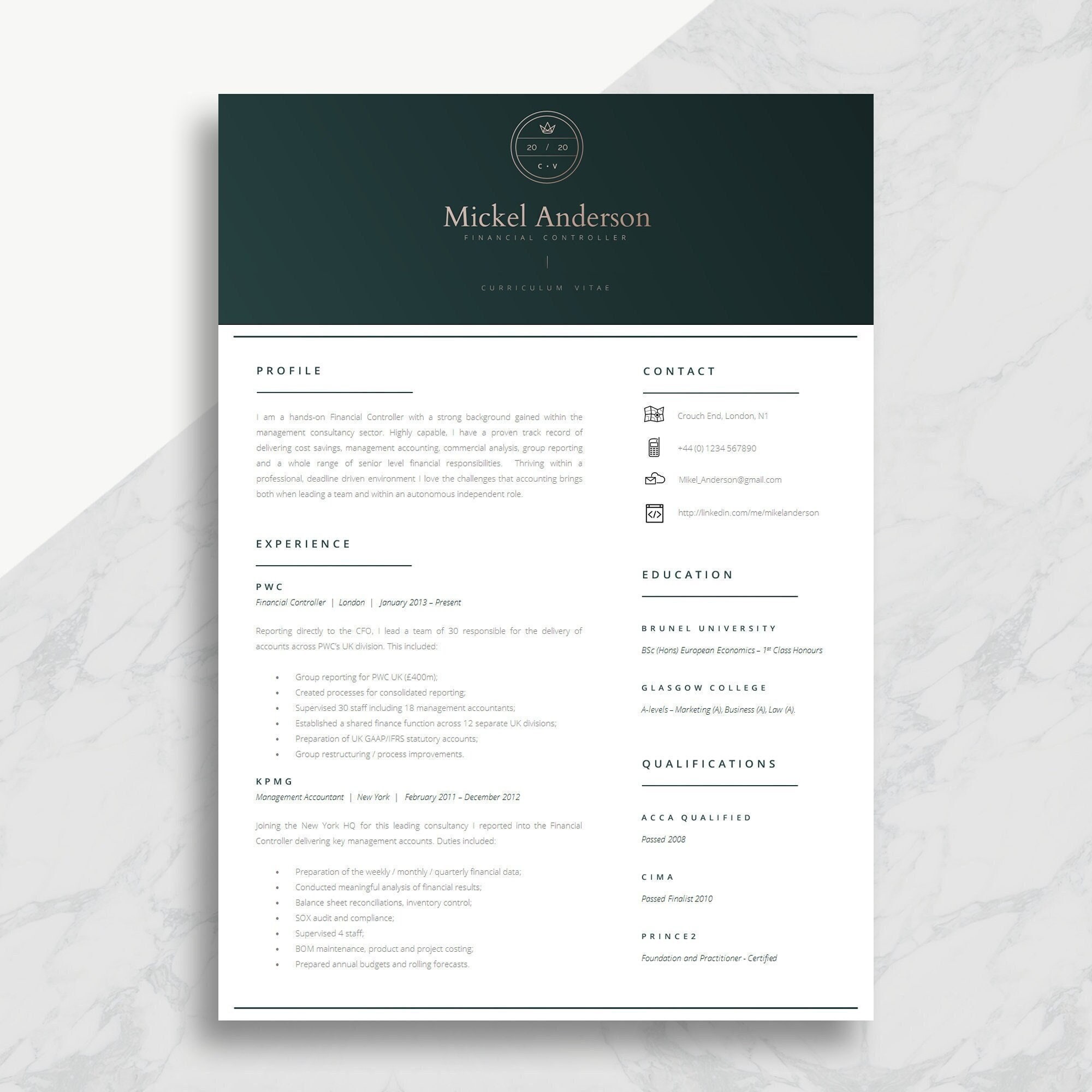 Resume Mock-up | Professional ATS Resume Template: Dark Green Executive ...