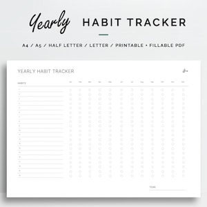 Yearly Habit Tracker Printable | Digital Fillable PDF | A4, A5, Letter, Half Letter | Landscape