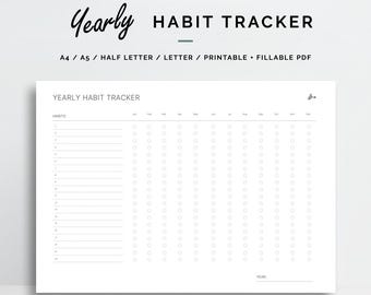 Jährlicher Habit Tracker Printable | Digital ausfüllbares PDF | A4, A5, Letter, Half Letter | Landschaft