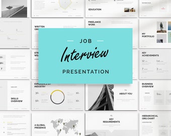 May include: A presentation slide deck for a job interview. The slides include sections for suitability, education, experience, skills, key achievements, business overview, and more. The title slide features the text "Job Interview Presentation" in a large, handwritten font.