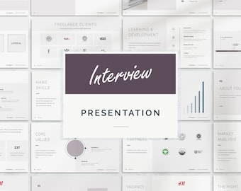 May include: A presentation slide deck with the title "Interview Presentation" in a purple box. The slides include topics such as "About Me", "About You", "Hard Skills", "Core Values", "Freelance Clients", "Learning & Development", "Partners", "Market Analysis", "Vacancy Spec", and "The Right Match".