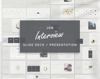 May include: A presentation slide deck with the title "Job Interview" and the subtitle "Slide Deck / Presentation". The slides are designed in a minimalist style with a gray background and white text. The slides include charts, graphs, and text.