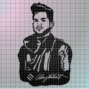 May include: Black and white graphic illustration of a man with a distinctive hairstyle, facial hair, and an earring. The image includes the signature "Adam Lambert" in cursive script. The background features a grid pattern with a gradient of pink and blue.