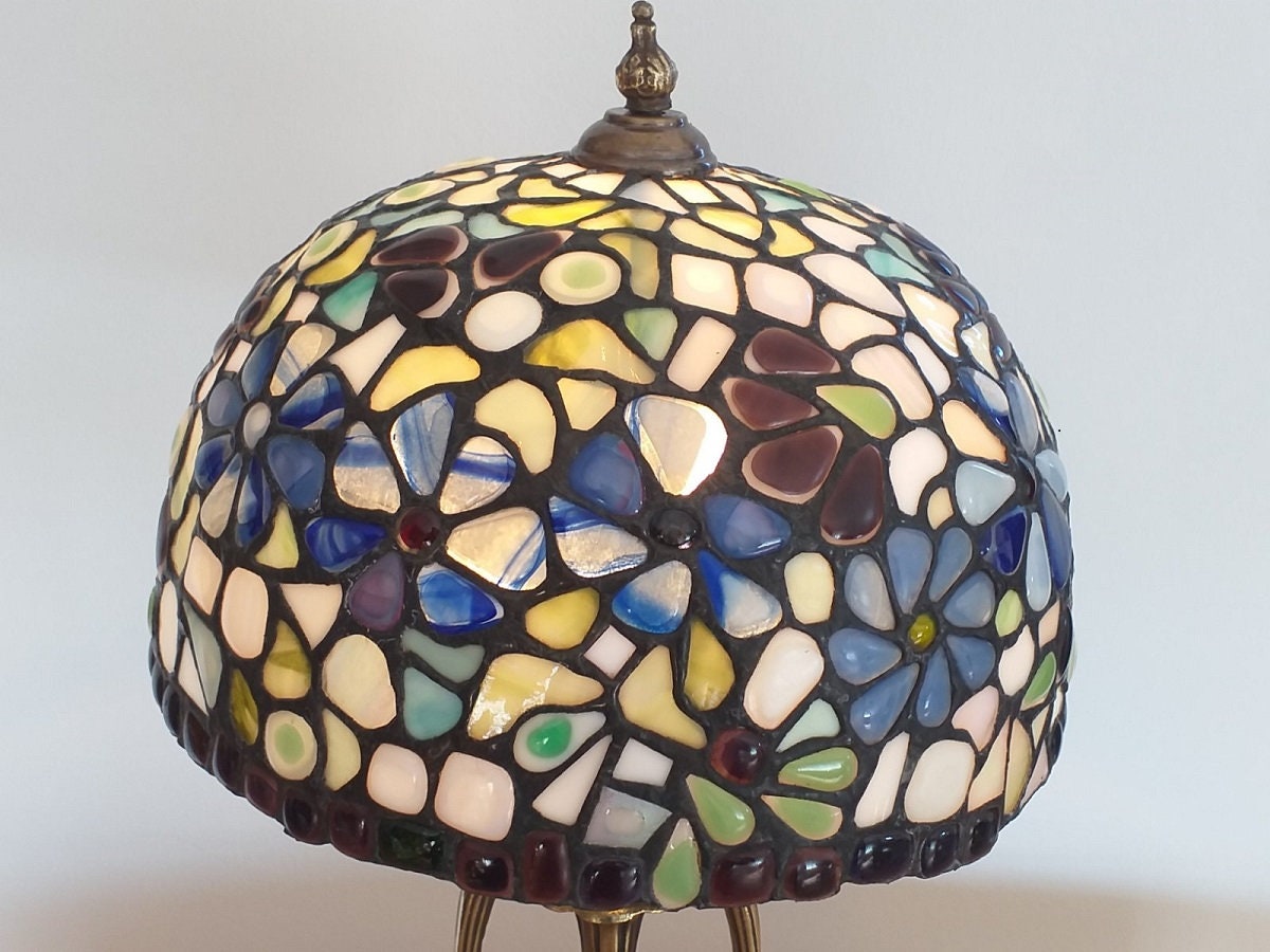 Stained Glass Blue Flower Tiffany Lamp Stained Glass Mosaics Lamp Desk ...