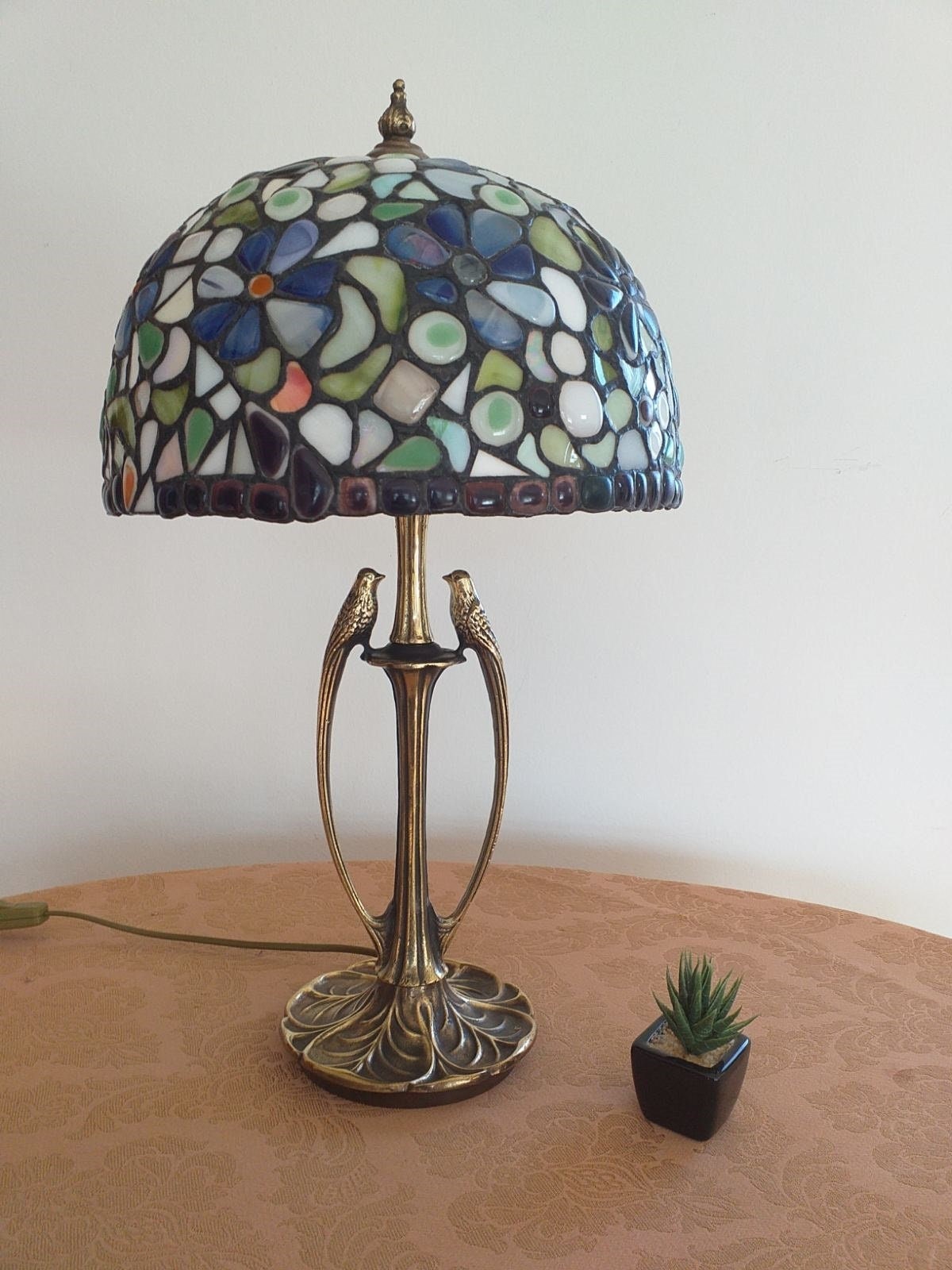Stained Glass Blue Flower Tiffany Lamp Stained Glass Mosaics Lamp Desk ...