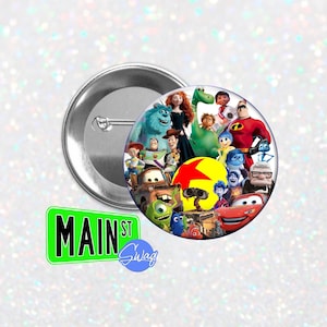 May include: A round button with a colorful image of various Disney Pixar characters, including Buzz Lightyear, Woody, Sulley, Mike, and more. The button is silver with a pin on the back.